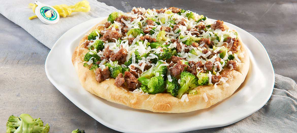 Focaccia with sausage, broccoli and strong Provolone Valpadana P.D.O.