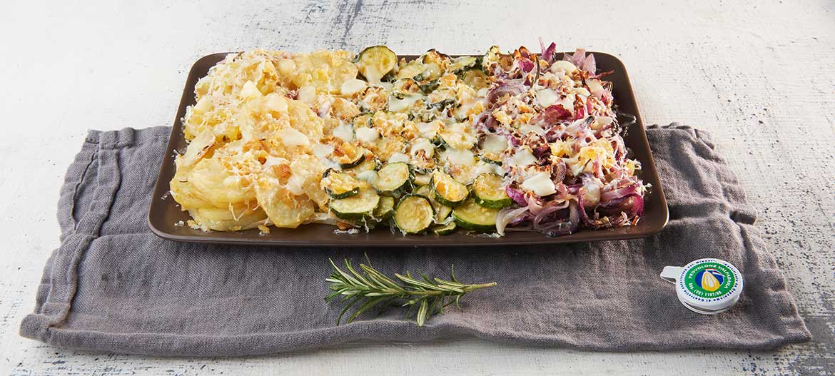 Vegetable gratin and mild Provolone Valpadana P.D.O.