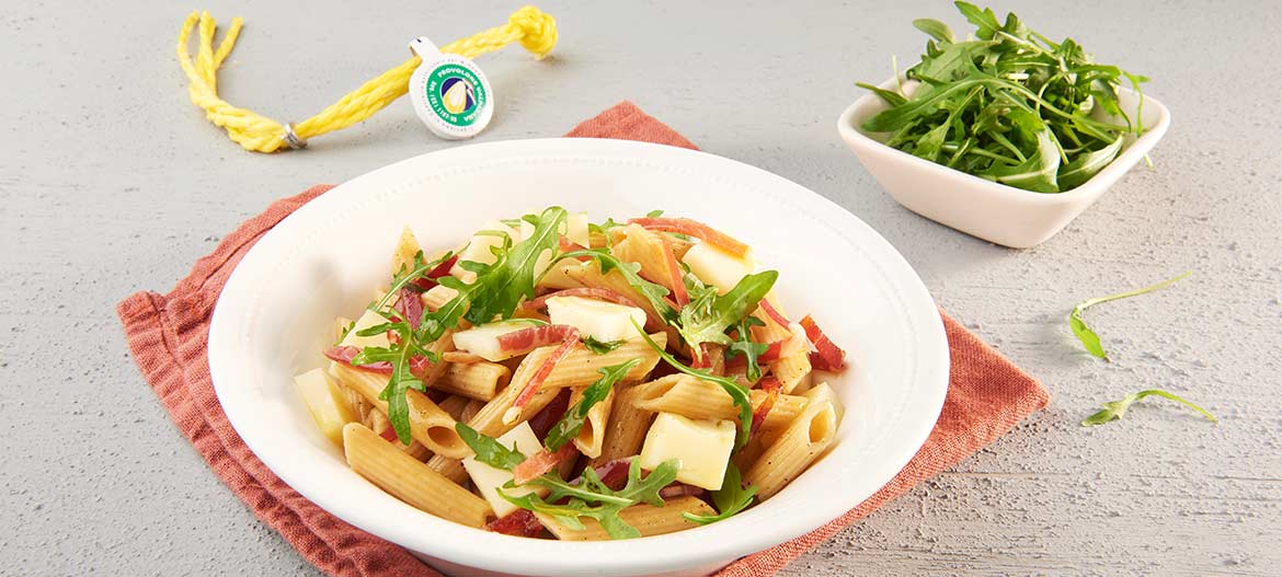 Whole-wheat penne salad with strong Provolone Valpadana P.D.O.