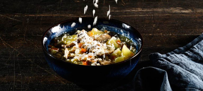Barley soup with aged strong Provolone Valpadana and mushrooms