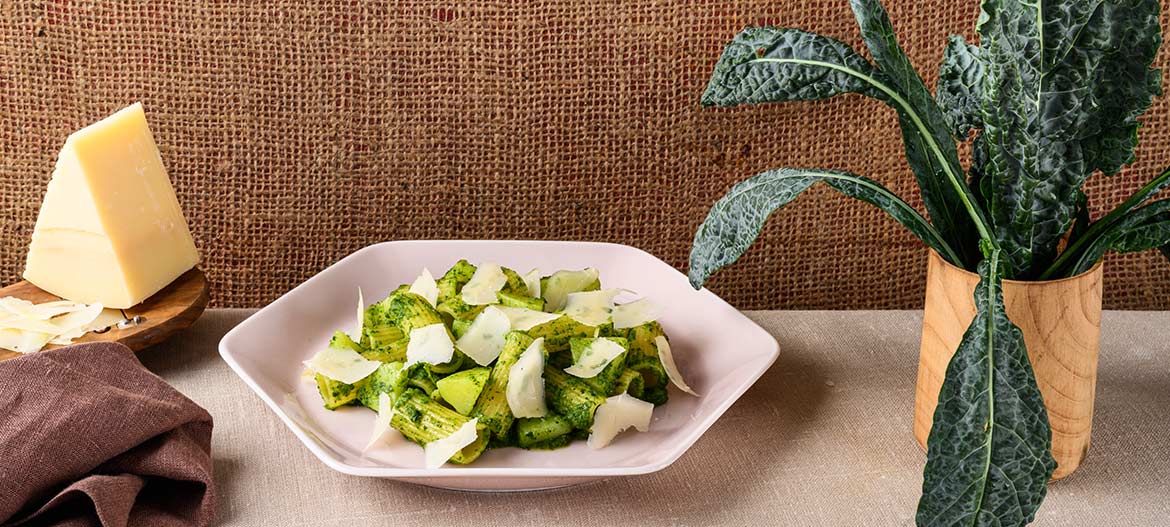 Rigatoni with aged strong Provolone Valpadana cabbage potatoes