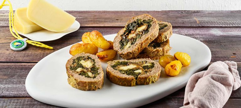 Meatloaf stuffed with mild Provolone Valpadana, mushrooms and spinach